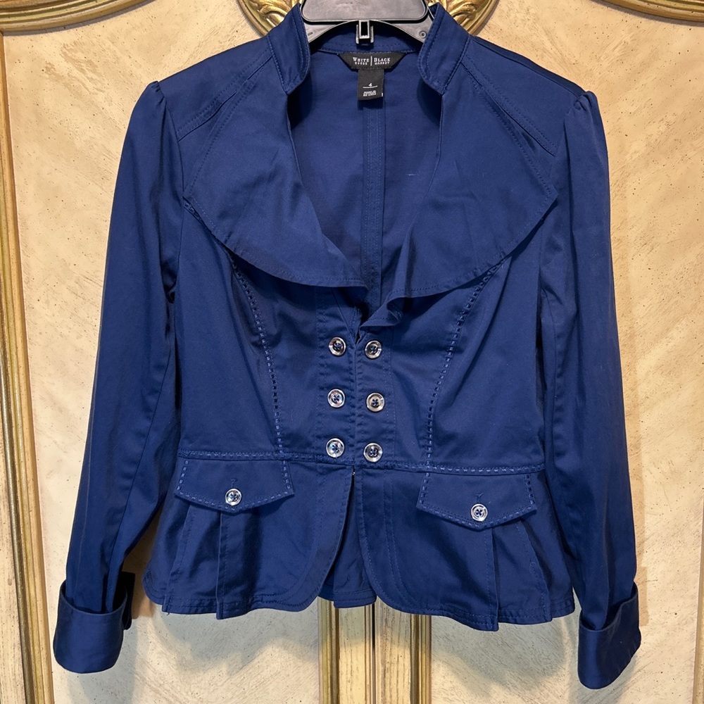 White House Black Market Blue Pleated Silver Button Front Blazer Jacket